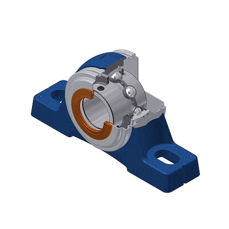SNR UCPE208CO Metric Cast Iron Two Bolt Pillow / Plummer Block Housing with 40mm Bore Insert with Narrow Steel Plate Cover - Open Version - Allow 2-3 Days