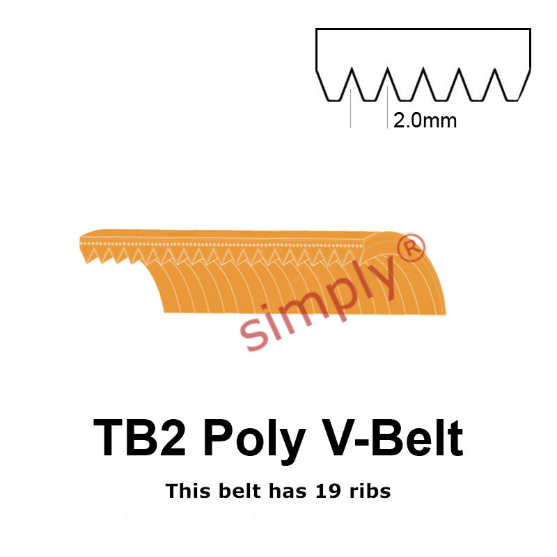 TB2-380 Megadyne Megarib Polyurethane Poly V-Belt 380mm/15 inch Length - 19 Ribs - Allow 2-3 Days