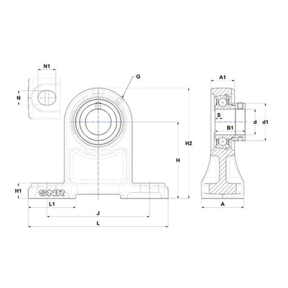 SNR ESPH209N Metric Cast Iron High Centre Height Two Bolt Pillow / Plummer Block Housing with 45mm Bore Eccentric Collar Insert - Allow 2-3 Days