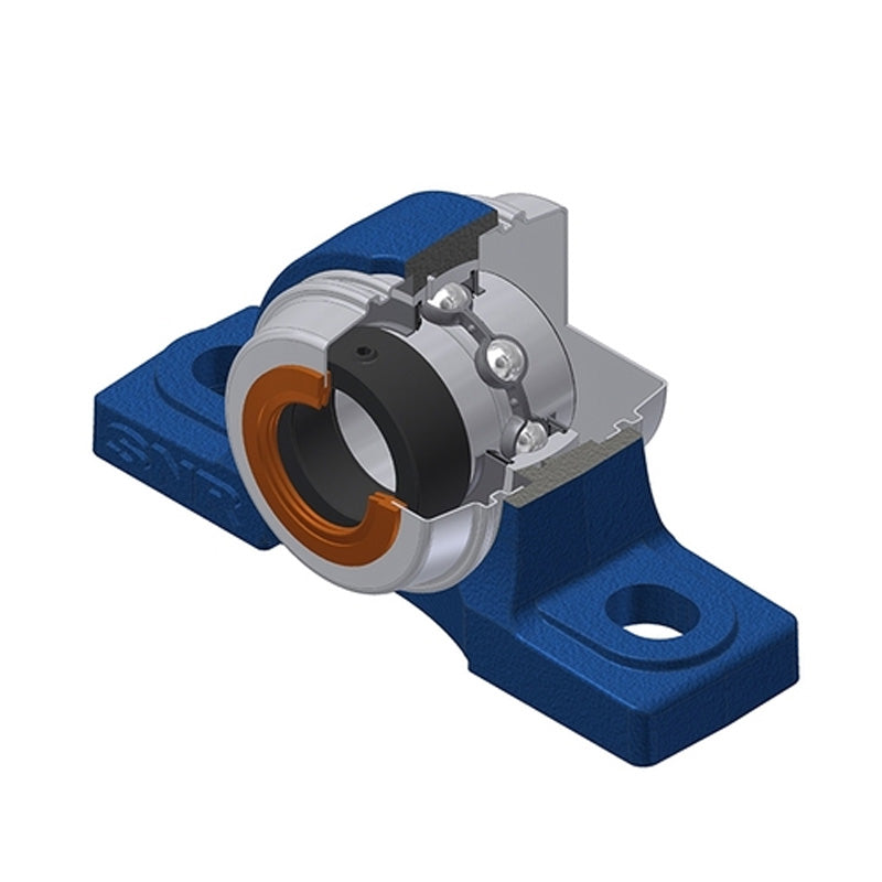 SNR EXP201COE Metric Cast Iron Two Bolt Pillow / Plummer Block Housing with 12mm Eccentric Collar Insert with Wide Steel Plate Cover - Open Version - Allow 2-3 Days