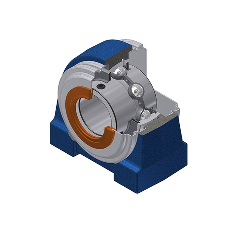 SNR UCPG202CO Metric Cast Iron Two Bolt Pillow / Plummer Block Housing with 15mm Bore Insert with Narrow Steel Plate Cover - Open Version - Allow 2-3 Days