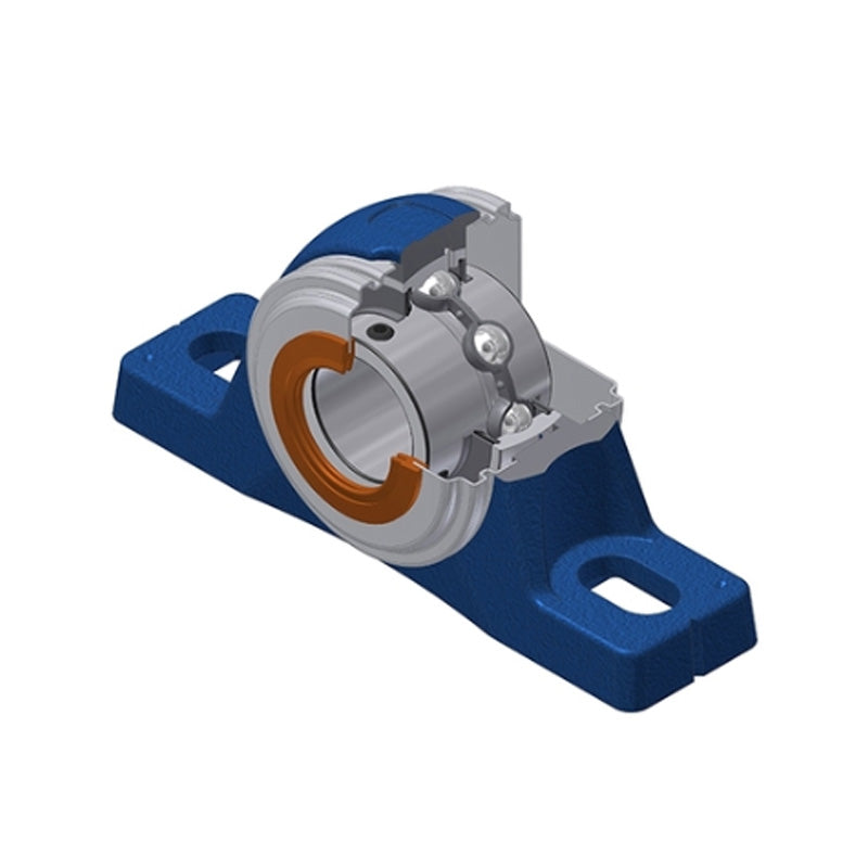 SNR UCPLE203CO Metric Cast Iron Two Bolt Pillow / Plummer Block Housing with 17mm Bore Insert with Narrow Steel Plate Cover - Open Version - Allow 2-3 Days