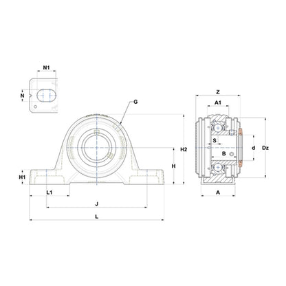 SNR USPE203CC Metric Cast Iron Two Bolt Pillow / Plummer Block Housing with 17mm Bore Insert with Narrow Steel Plate Cover - Closed Version - Allow 2-3 Days