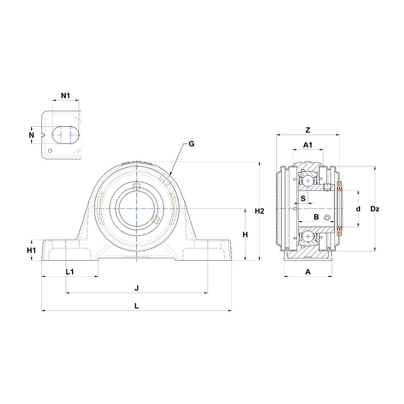SNR USPE212CC Metric Cast Iron Two Bolt Pillow / Plummer Block Housing with 60mm Bore Insert with Narrow Steel Plate Cover - Closed Version - Allow 2-3 Days